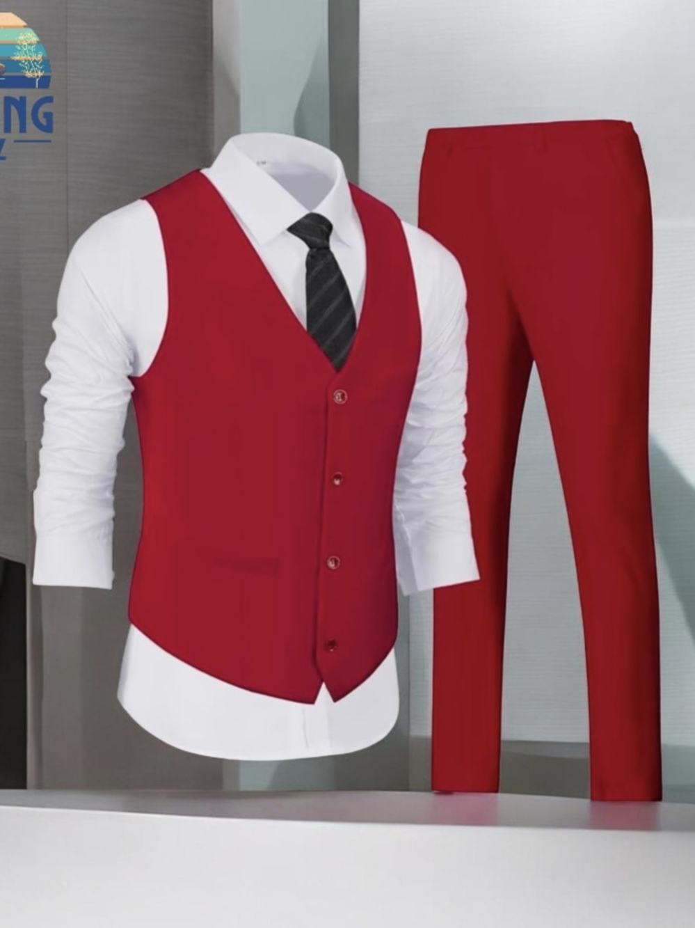 Men's Red Medium Suits 2 Pieces, Vest Pants Set for Men, V-Neck Slim Fit